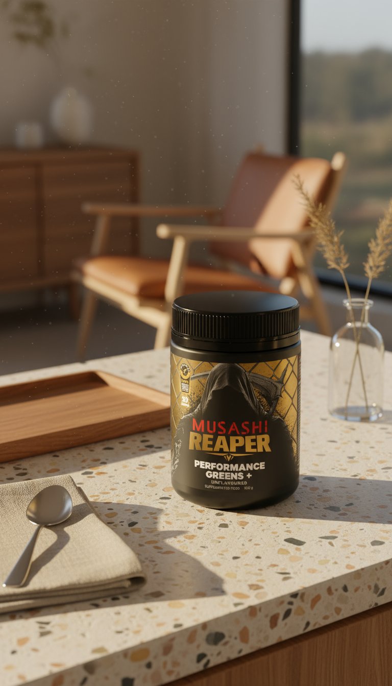 AI product shot of REAPER PERFORMANCE GREENS+ UNFLAVOURED OR FLAVOURED 300g