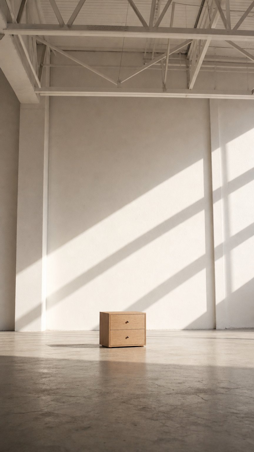 AI product shot of Minimalist Solid White Oak Bedside Table / Nightstand with 2 Drawers