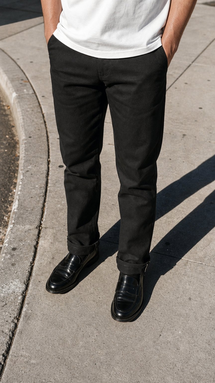 AI product shot of Weird Guy - Selvedge Slacks Black