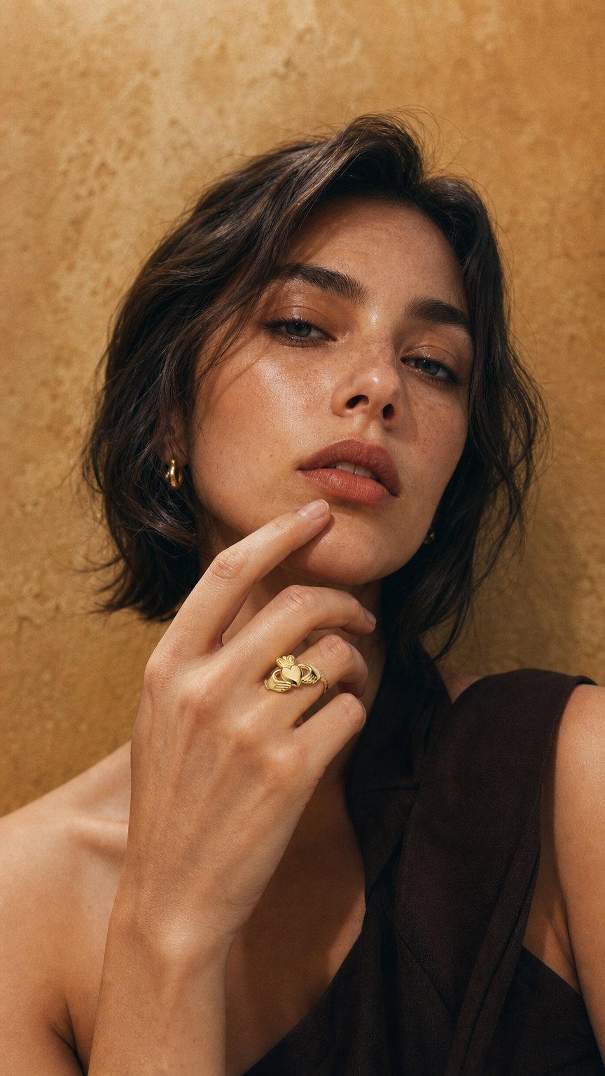 AI product shot of Fallers Ladies Medium Claddagh Ring in 9K Gold