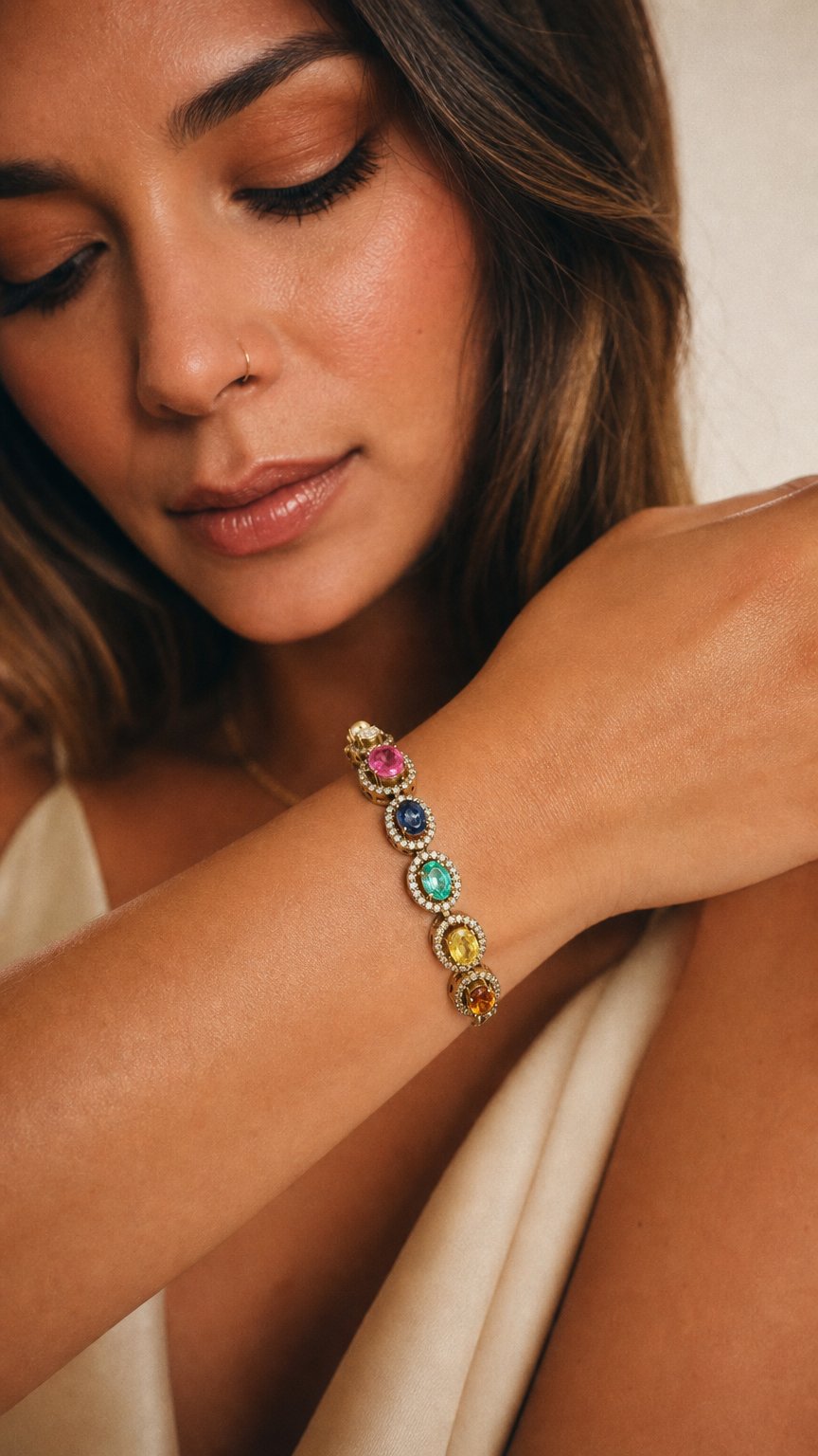 AI product shot of Multi-Gemstone Statement Bracelet | Natural Gemstone Bracelet Gold | The Mosaic