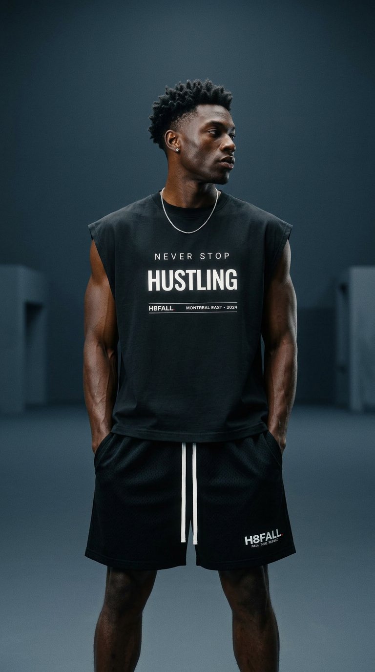 AI product shot of H8FALL Never Stop Hustling Boxy Tank