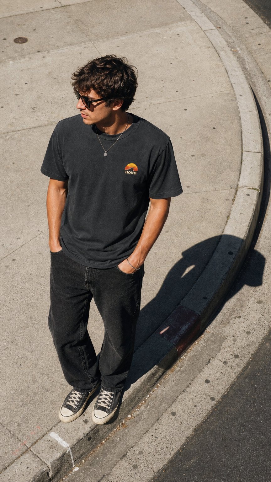 AI product shot of T-shirt noir vintage HONO Surf – Black Rock