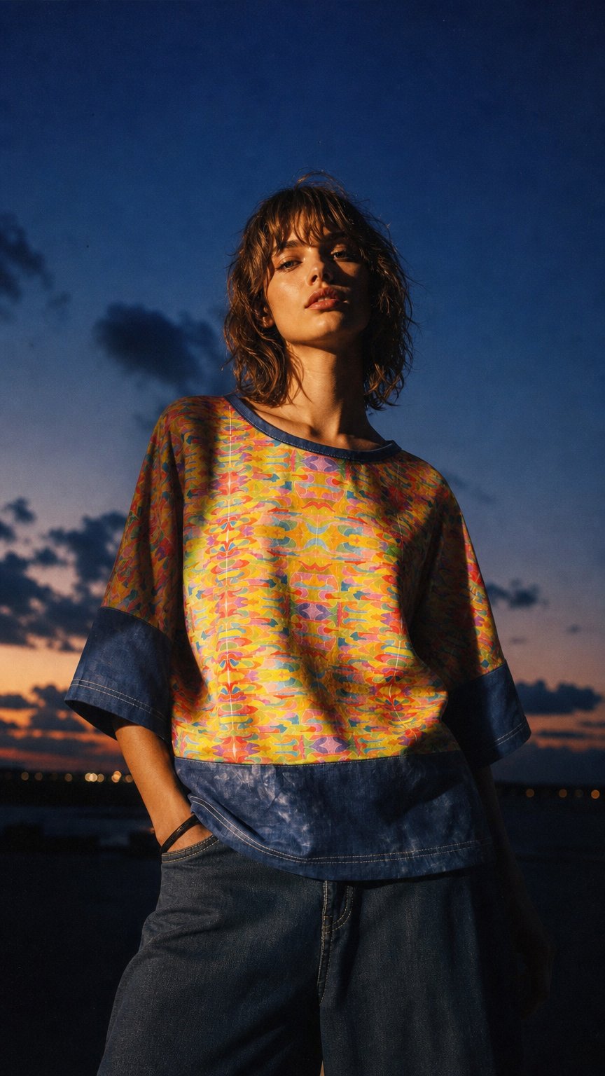 AI product shot of Art Top - Rainbow watercolour with Indigo - Small