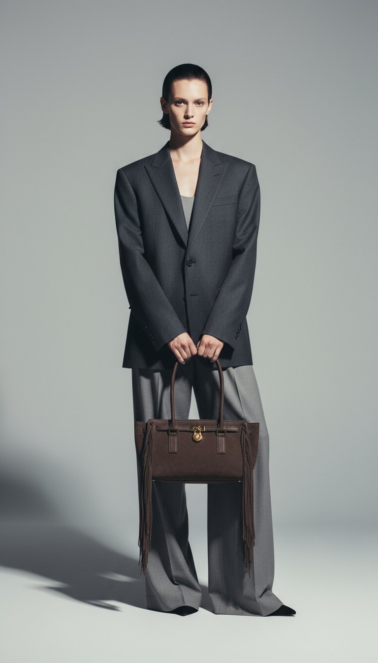 AI product shot of Hamilton Moderne Small Fringed Suede Satchel