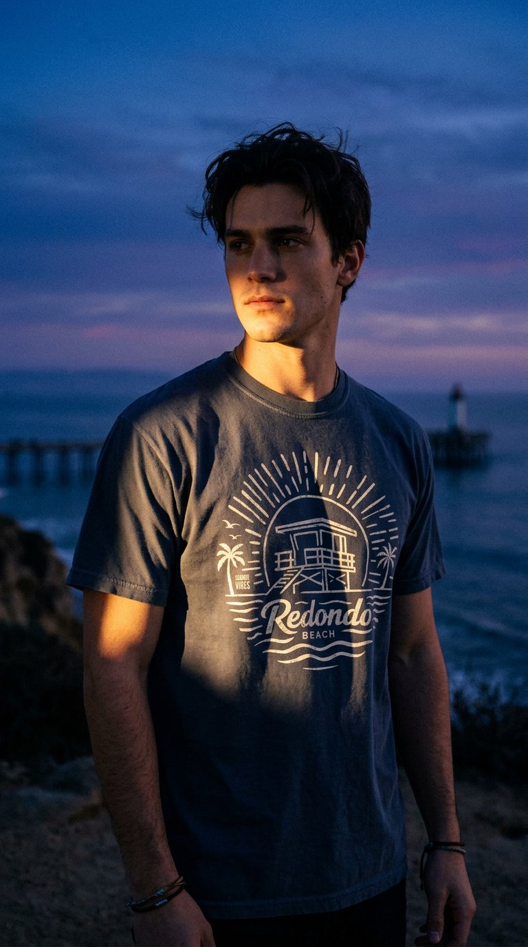 AI product shot of Unisex: Redondo Beach Sunrise Session Tee - 100% Cotton | Navy