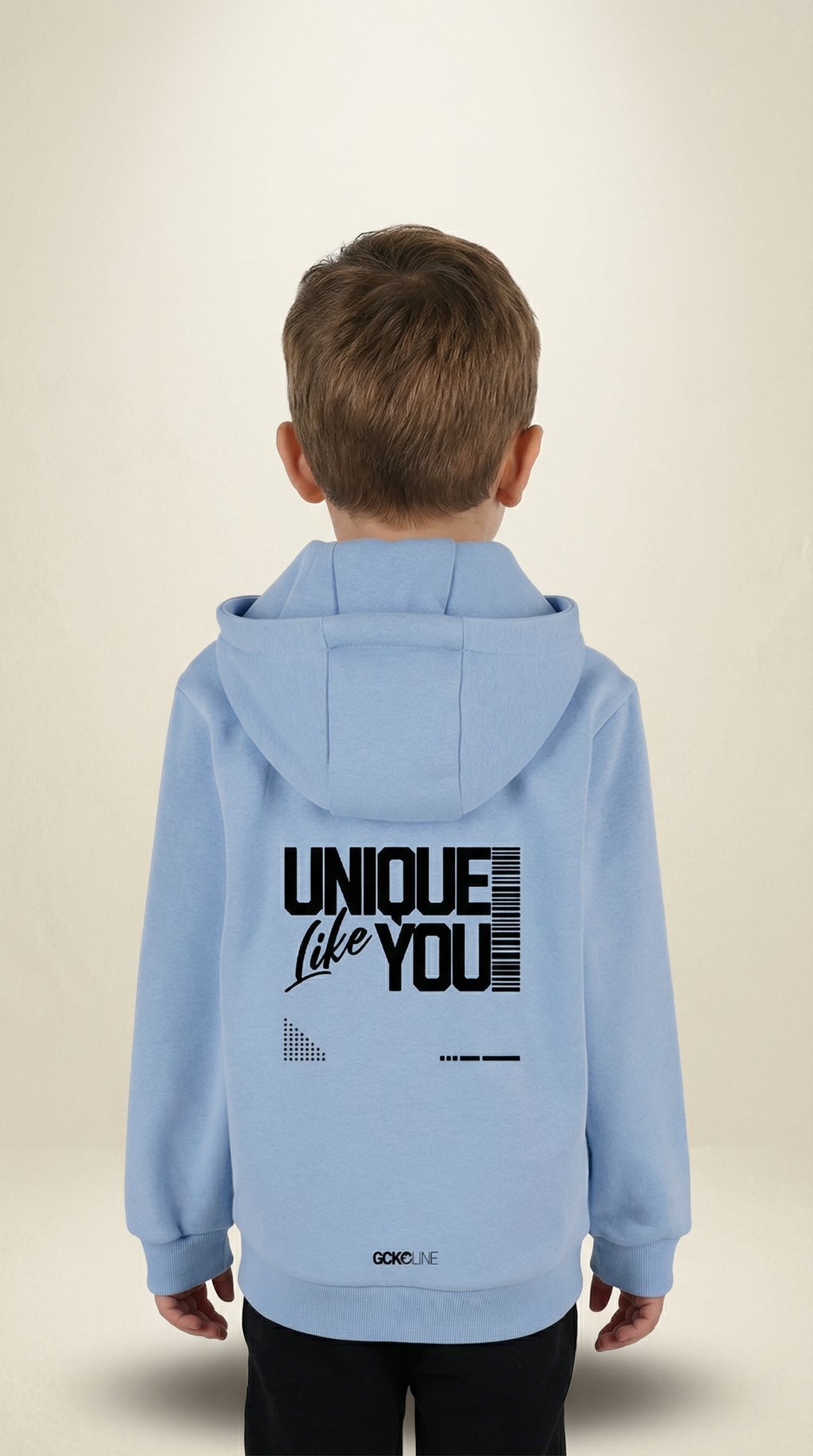 AI product shot of COMFY KIDS HOODIE BABY BLUE – BLACK DESIGN