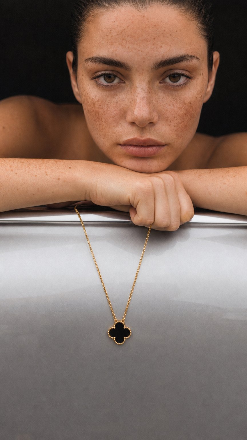 AI product shot of Black Onyx 15mm 18K Gold Plated Motif Necklace