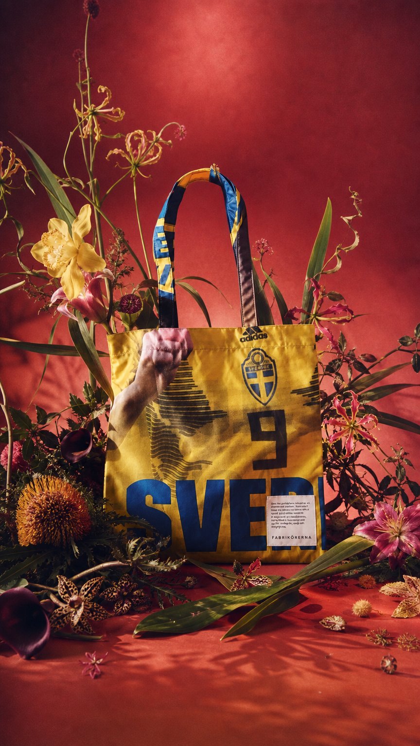 AI product shot of Tygkasse av återbrukad reklam