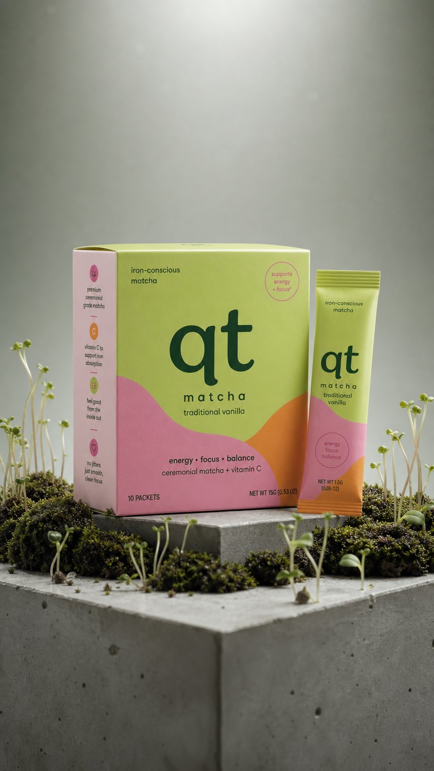 AI product shot of qt matcha ceremonial-grade iron-conscious matcha