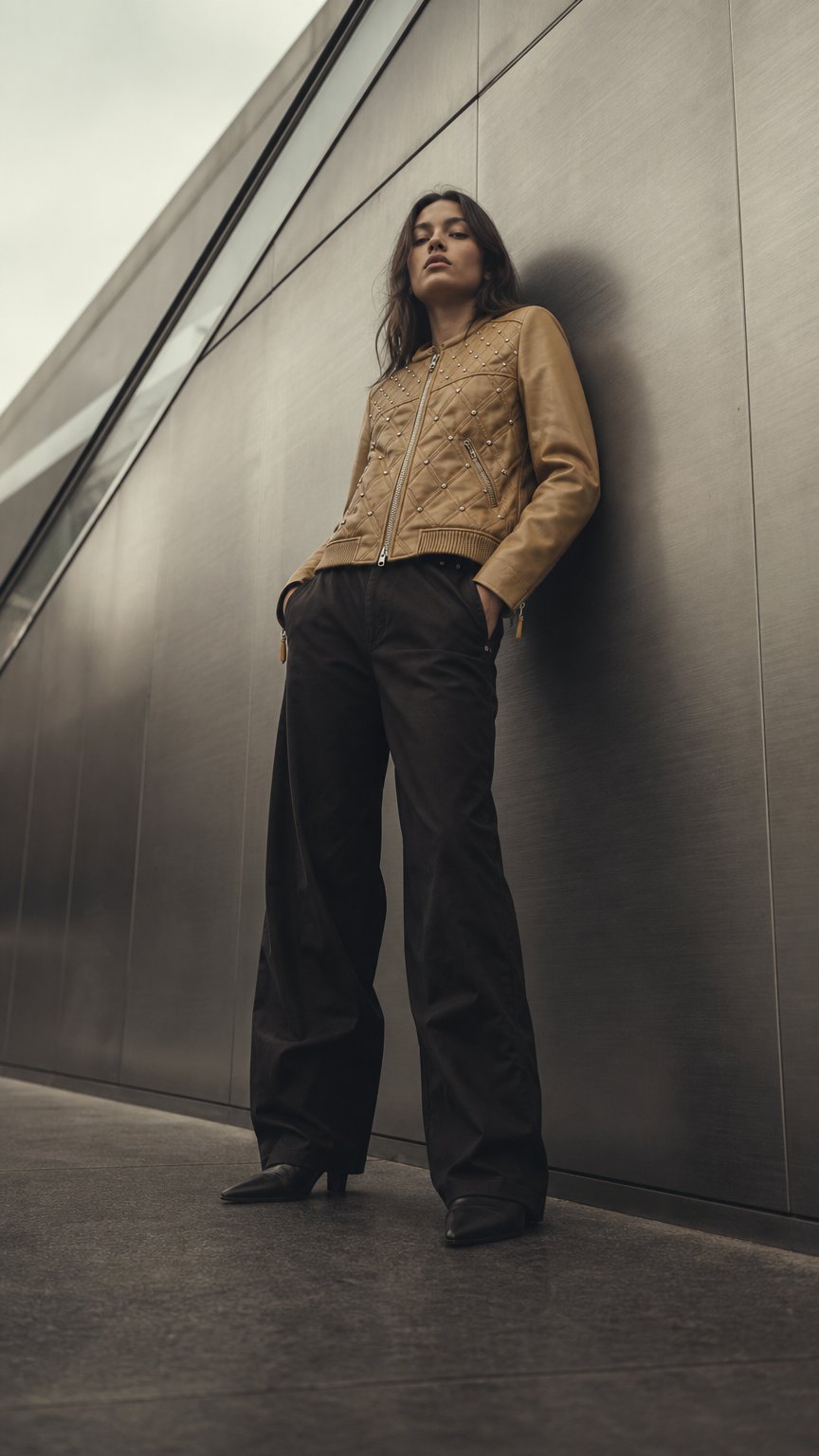 AI product shot of Women’s Brown Genuine Leather Jacket