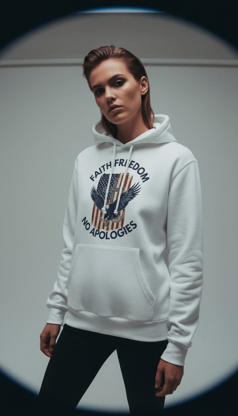 AI product shot of America First No Apologies Hoodie - Bold Patriotic Statement
