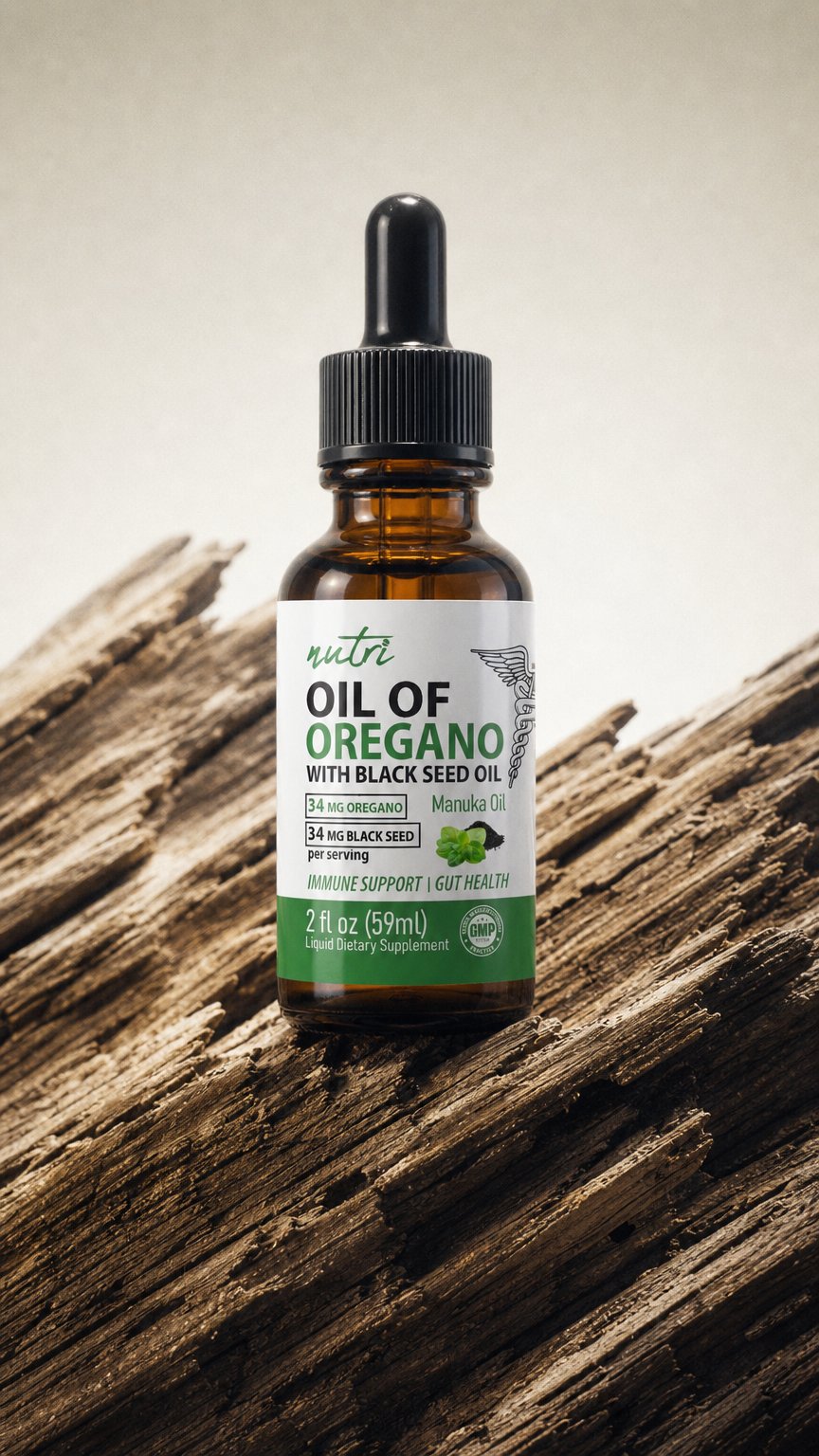 AI product shot of Nutri Oil of Oregano+ XS Tincture 79 mg, 2 fl oz bottle