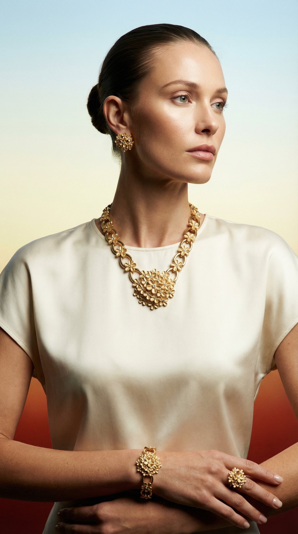 AI product shot of Gold Plated Flower Jewelry Set with Zircon Necklace Earrings Bracelet Ring