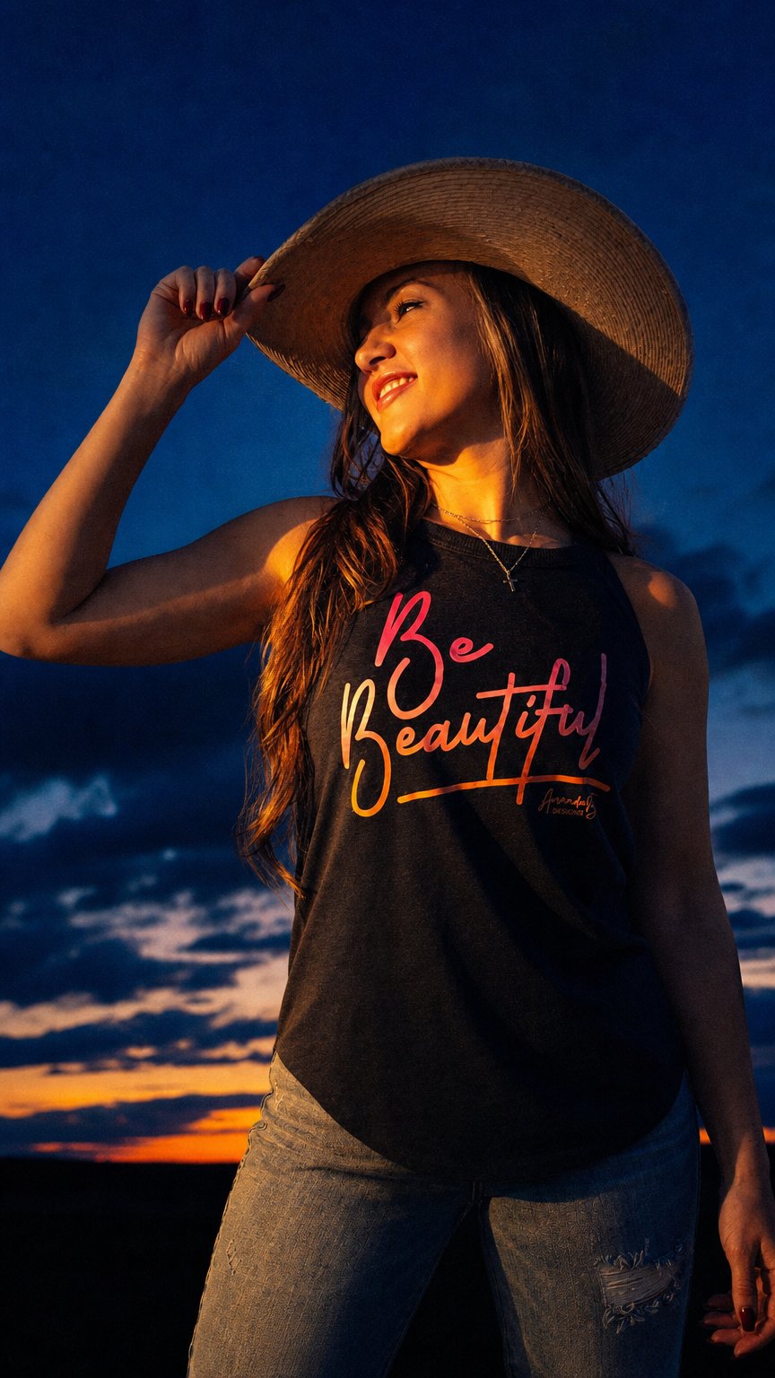 AI product shot of BE BEAUTIFUL sunset colors tank top