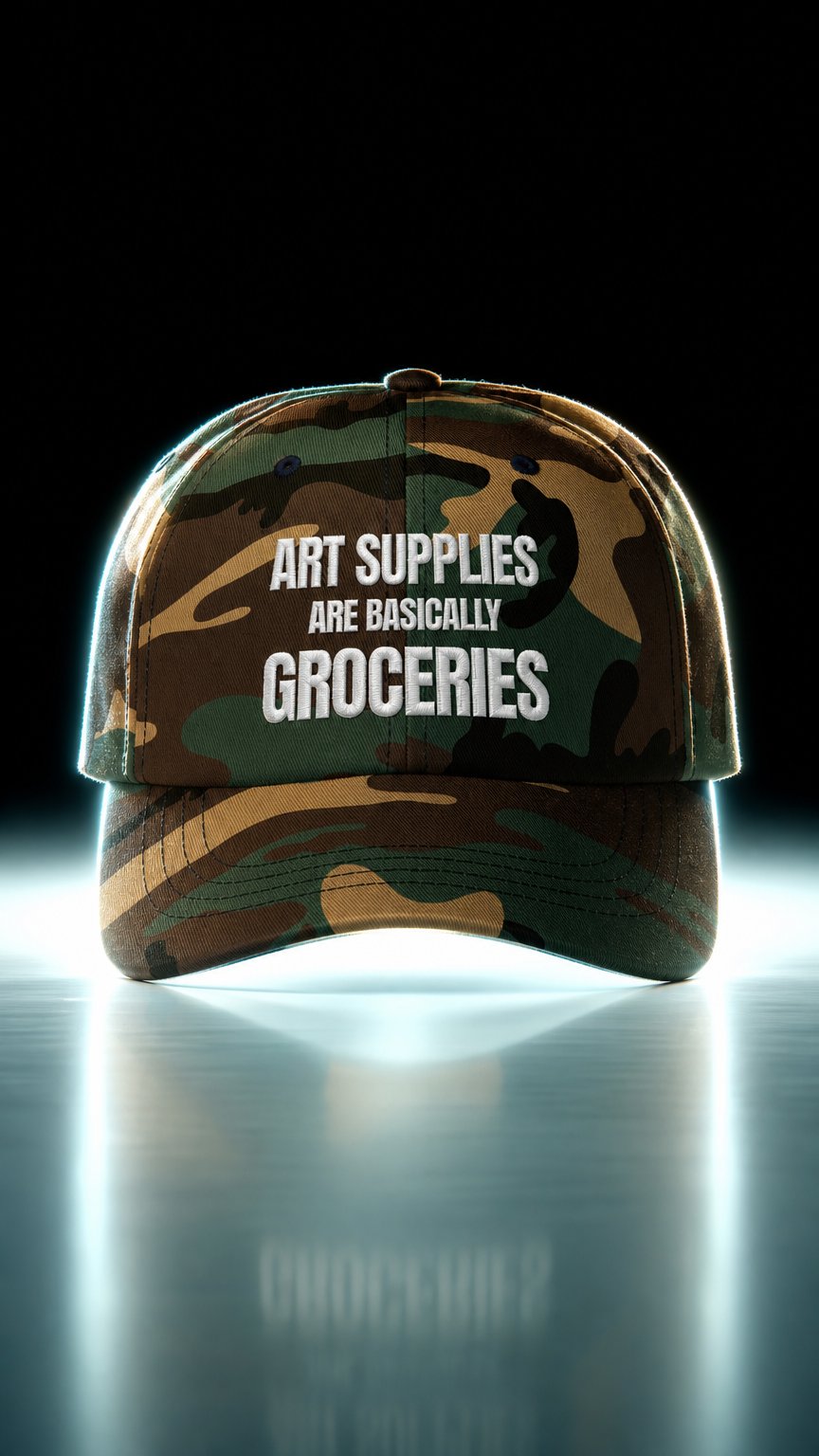 AI product shot of The “Art Supplies” Embroidered Cap