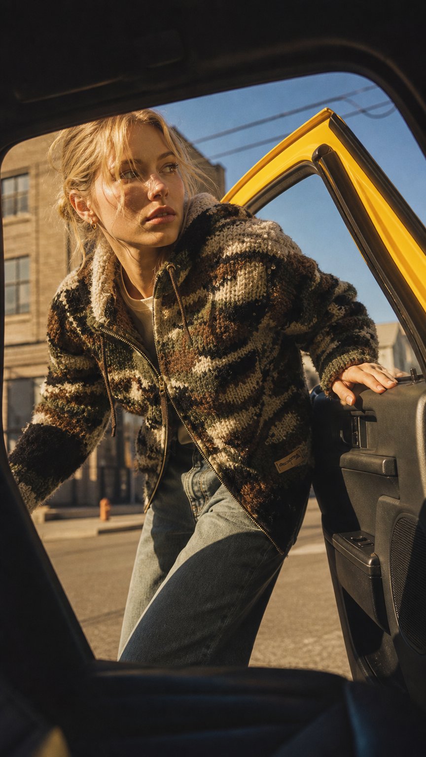 AI product shot of Baby Alpaca Camo Knit Bomber