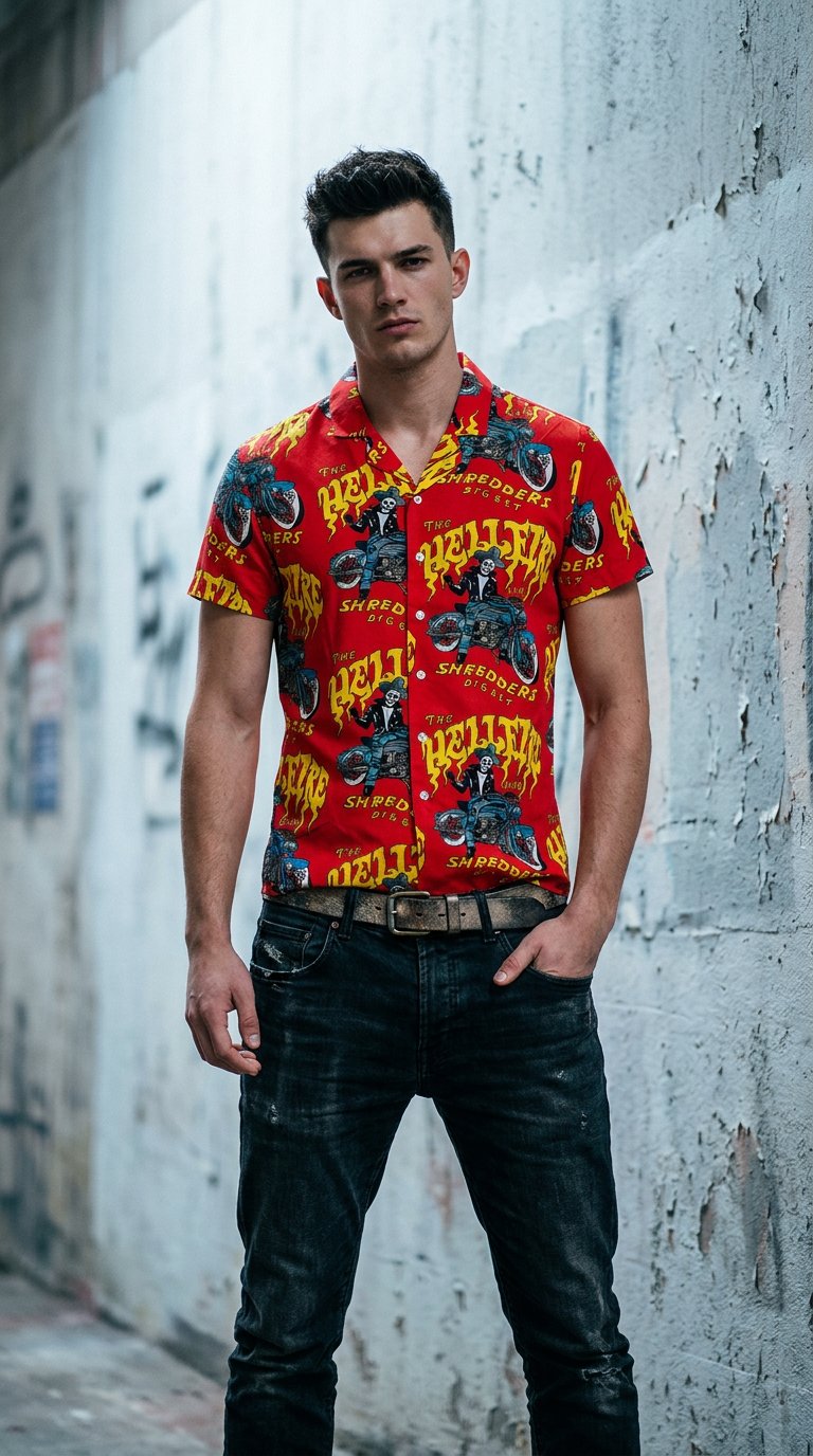 AI product shot of Hell Fire Button Down
