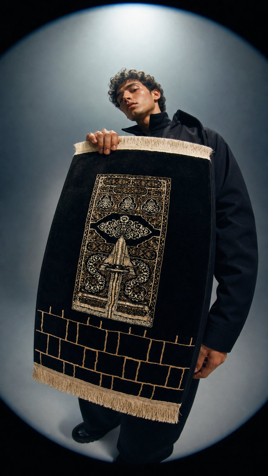 AI product shot of Misk Collection prayer mat,Mada Carpet black