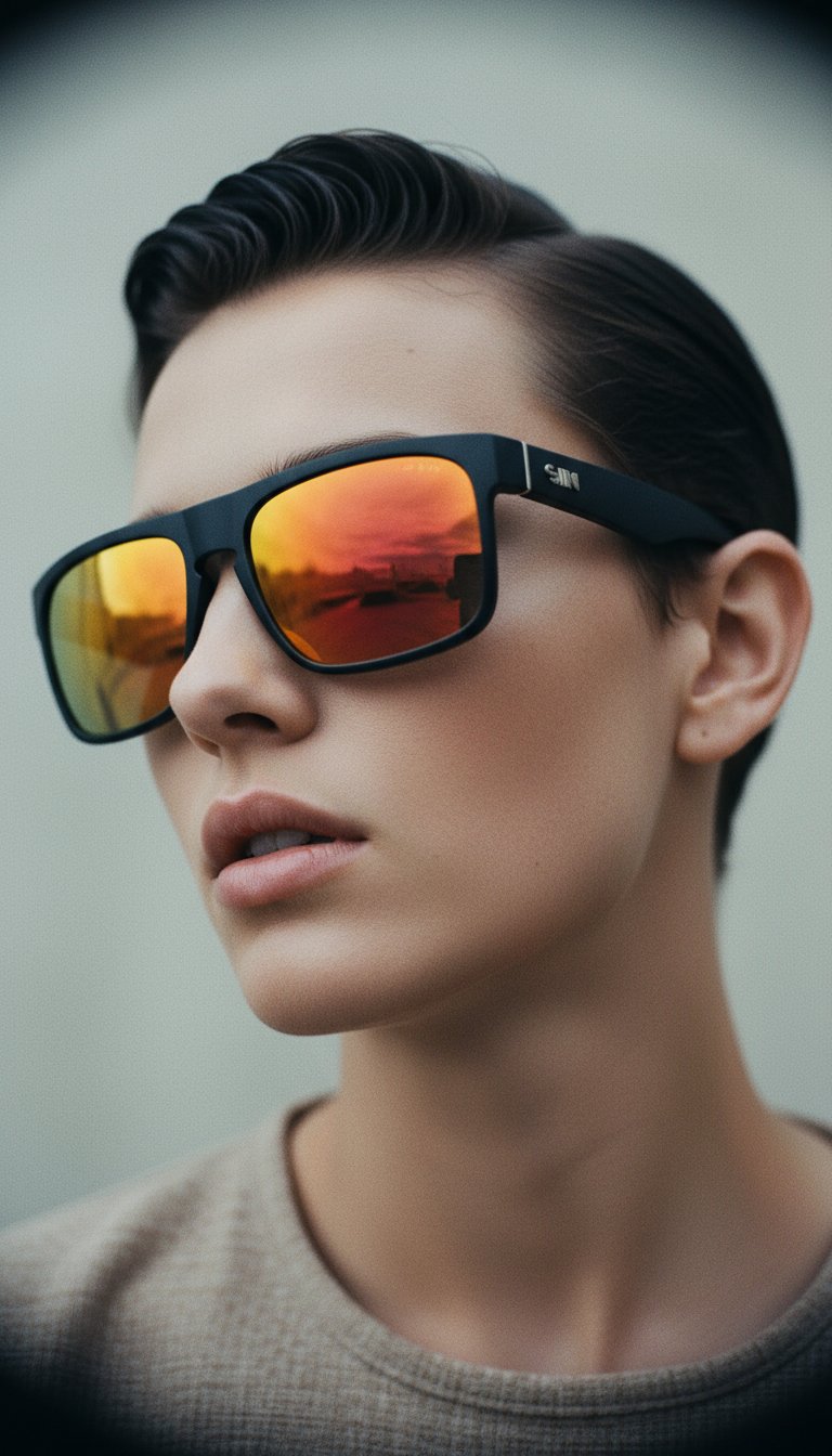 AI product shot of Peccant Polarised Black Rectangle Sunglasses with Red Lens