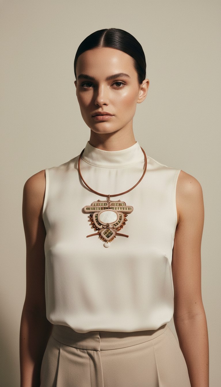 AI product shot of Soutache Necklace: Hand-Stitched Mother of Pearl Art Jewelry