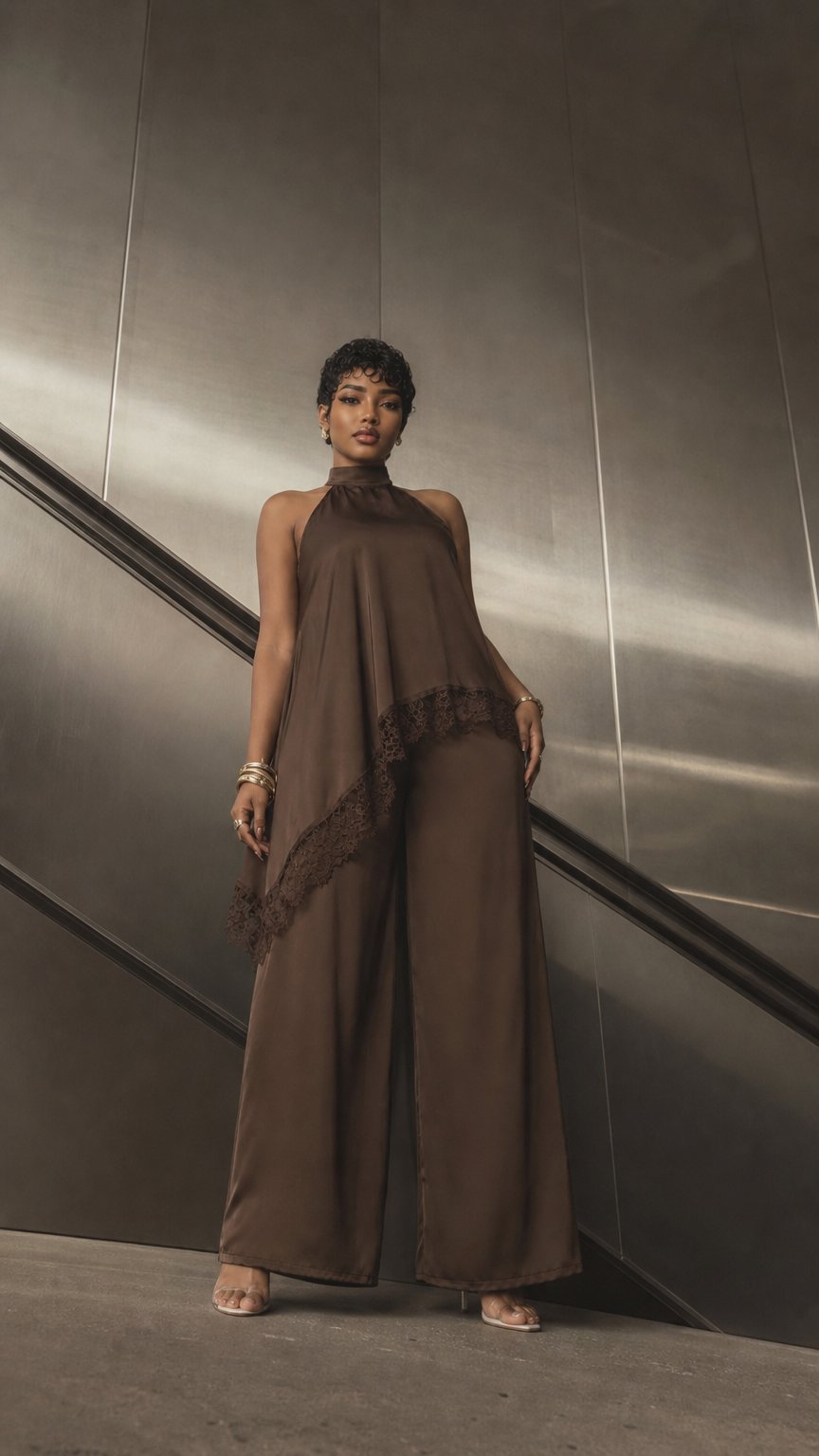 AI product shot of Ensemble asymétrique en satin et dentelle