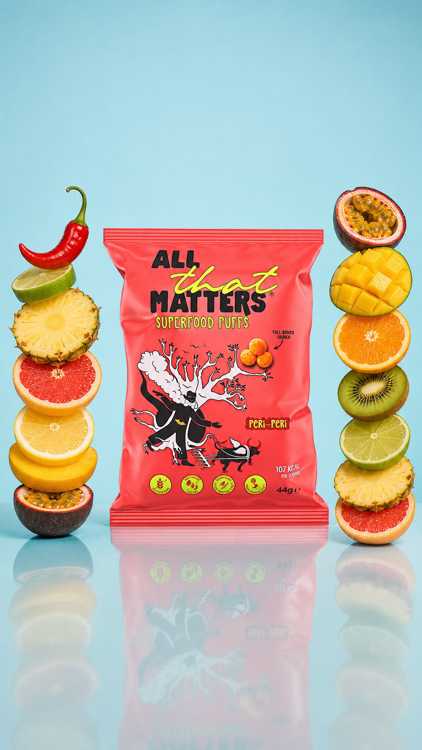 AI product shot of Superfood Puffs – Peri Peri