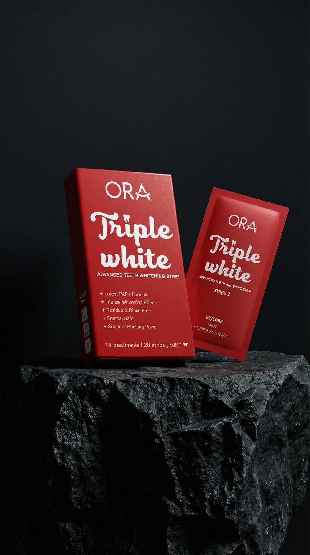 AI product shot of ORA Triple White | Teeth Whitening Strips – Enamel Safe, PAP+ Formula, 14 Treatments