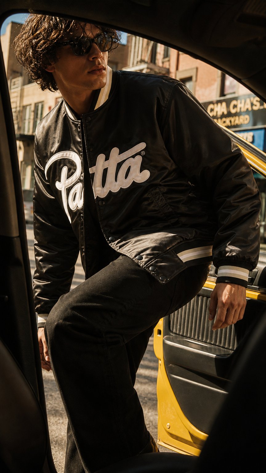 AI product shot of Patta Script Logo Satin Varsity Jacket (Black)