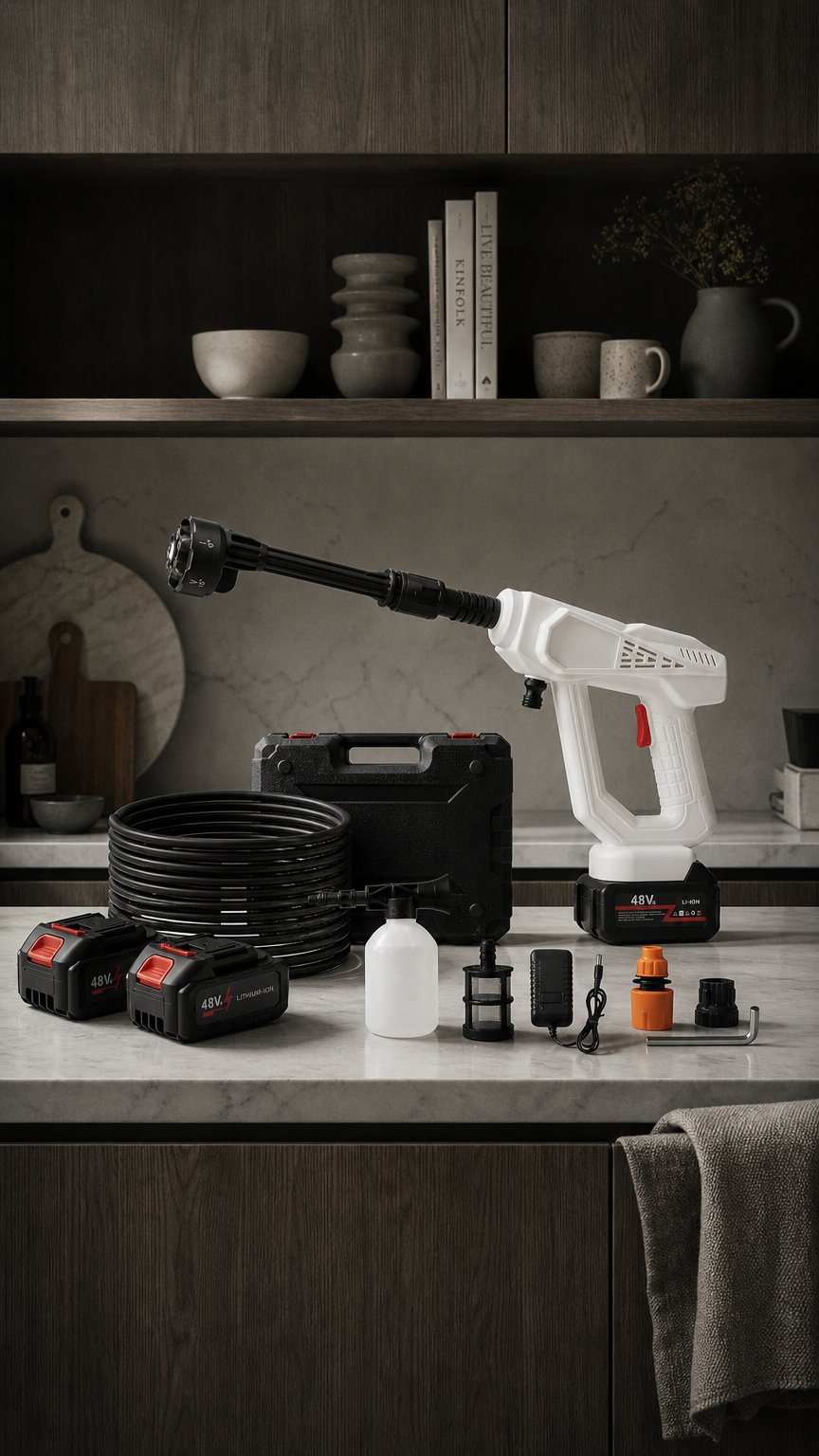AI product shot of Idropulitrice Cordless 48V con 2 Batterie, Ugello 6 in 1 e Schiumogeno – Pistola ad Alta Pressione Portatile per Auto, Moto, Giardino, Tapparelle e Balconi