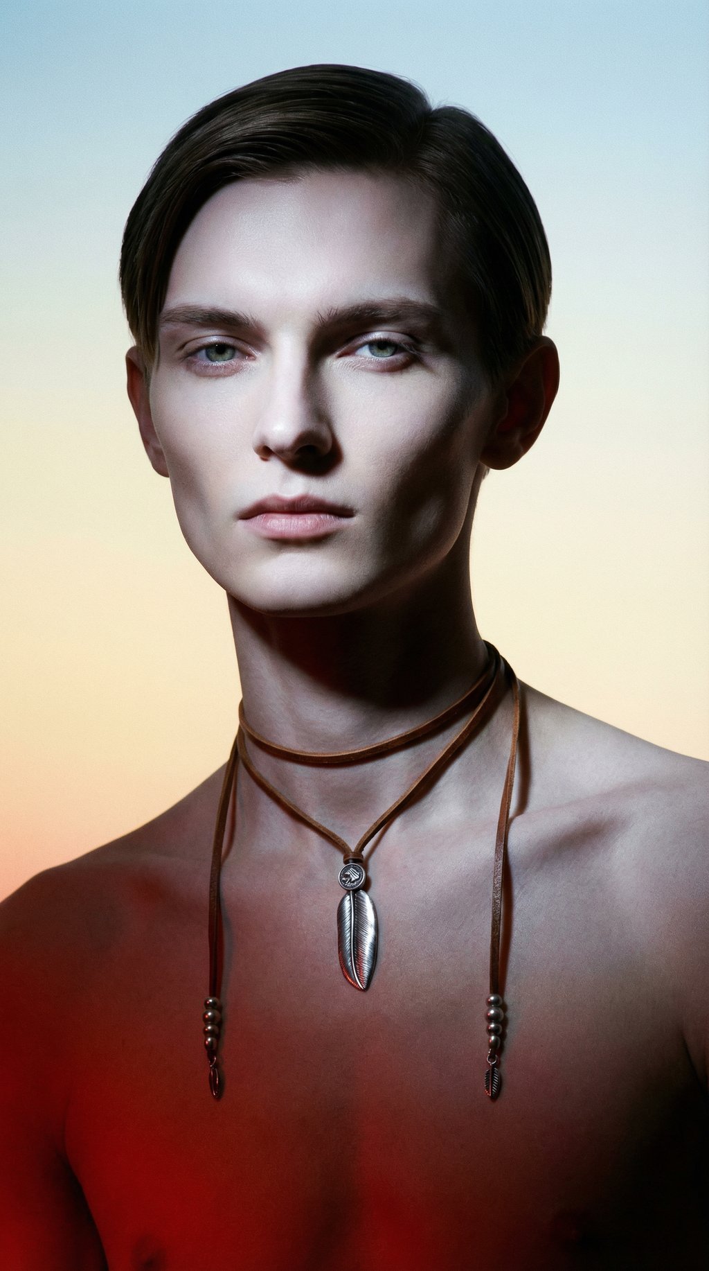 AI product shot of Leather necklace with feather and coin