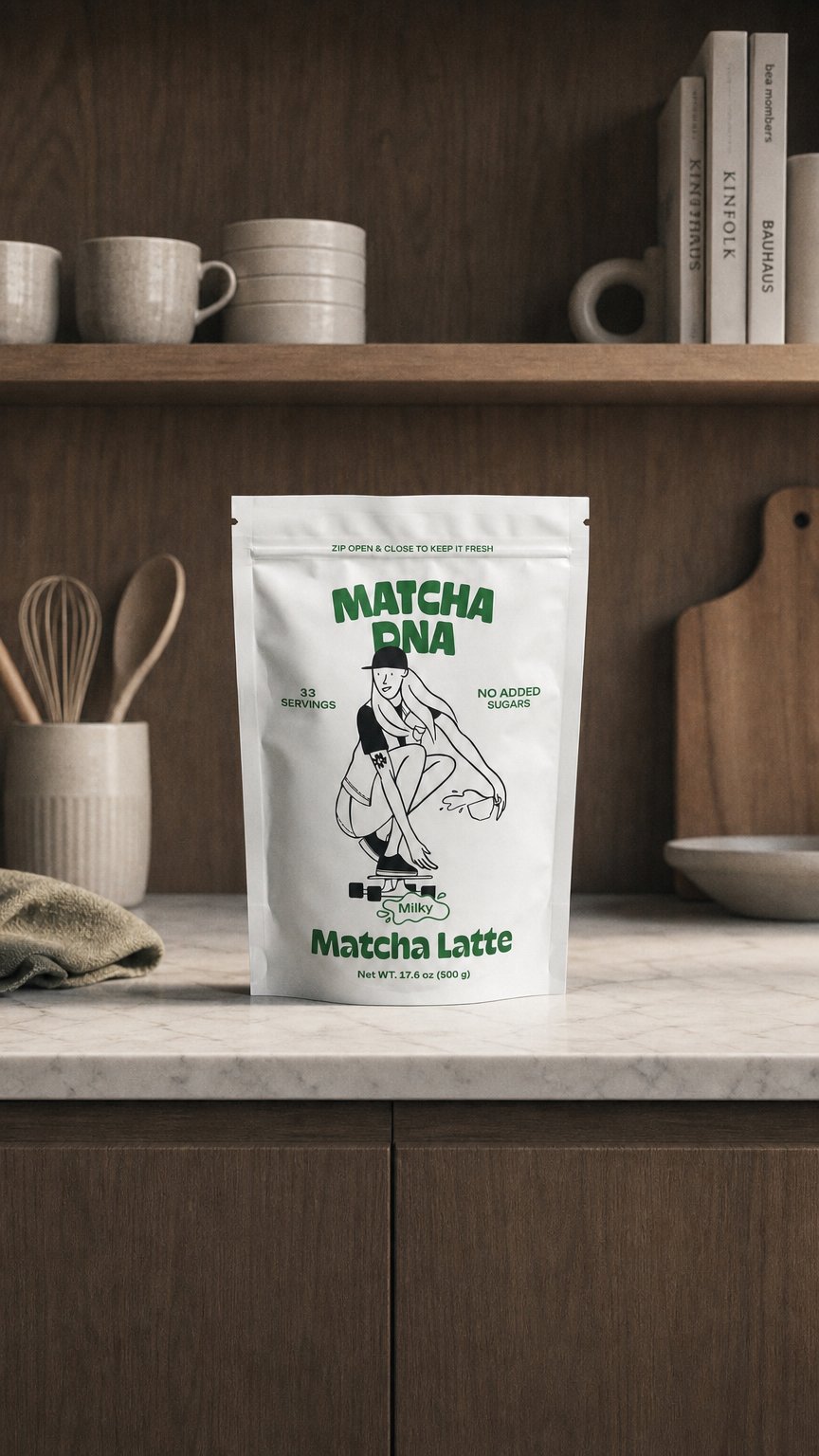 AI product shot of The Milky Matcha Latte Bag