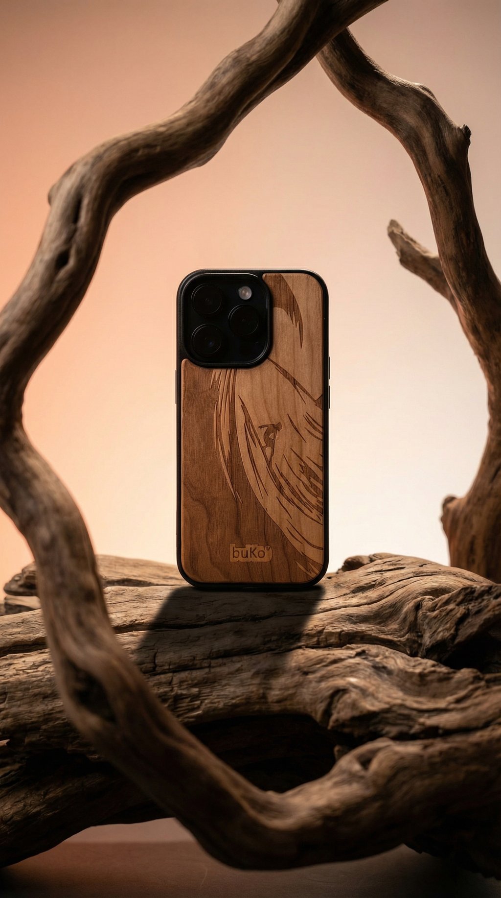 AI product shot of Wooden Phone Case with Surfer