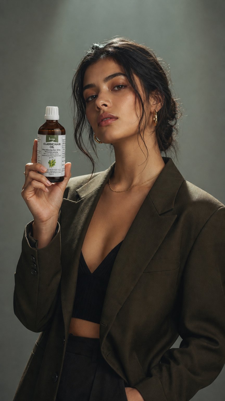 AI product shot of Krya Classic Hair Oil - Ayurvedic hair oil for grey hair, oily scalp and poor hair growth