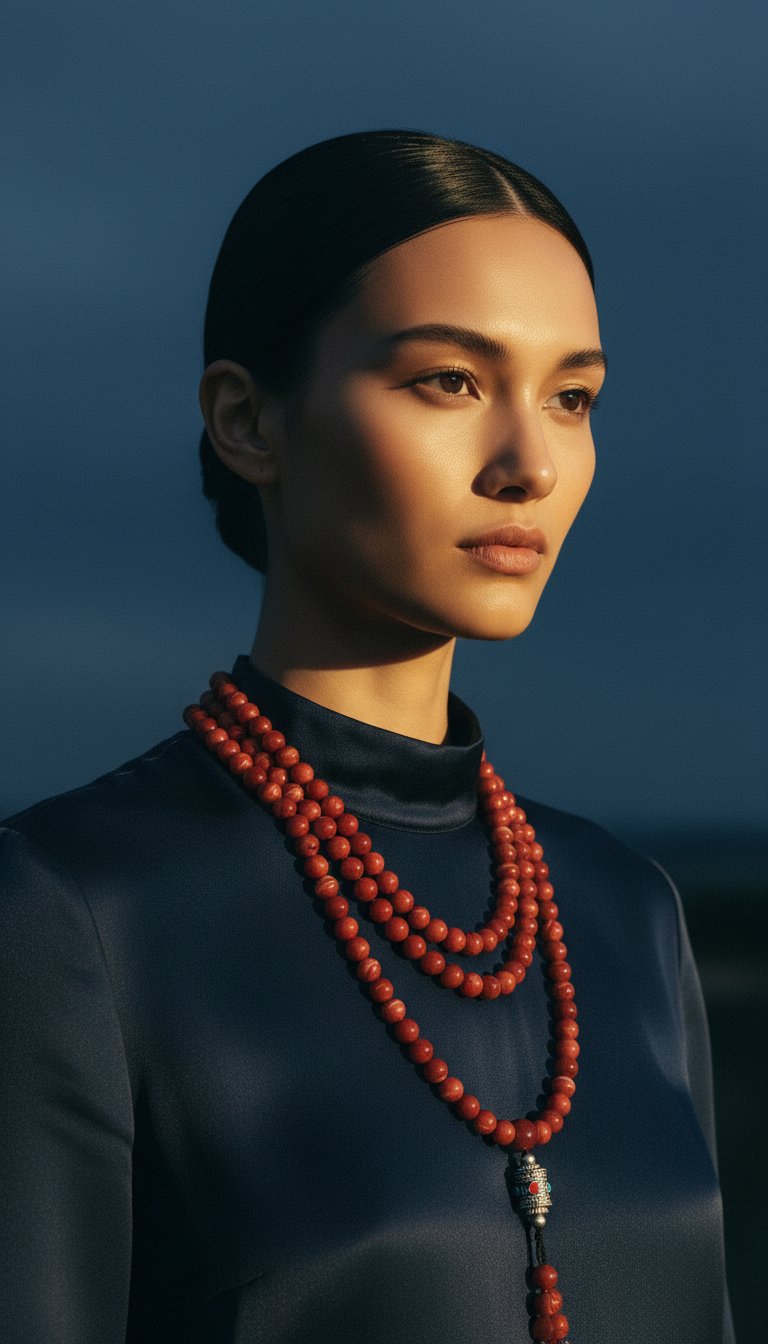 AI product shot of Red Dzi Beads Mala + Free Chant A Mantra Booklet