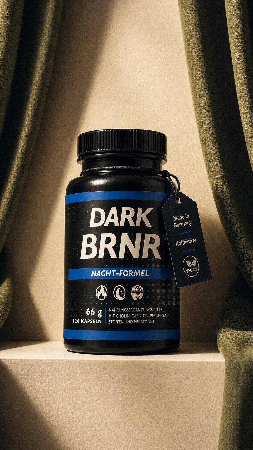 AI product shot of DARK BRNR Nacht-Formel mit Melatonin, 120 Kapseln