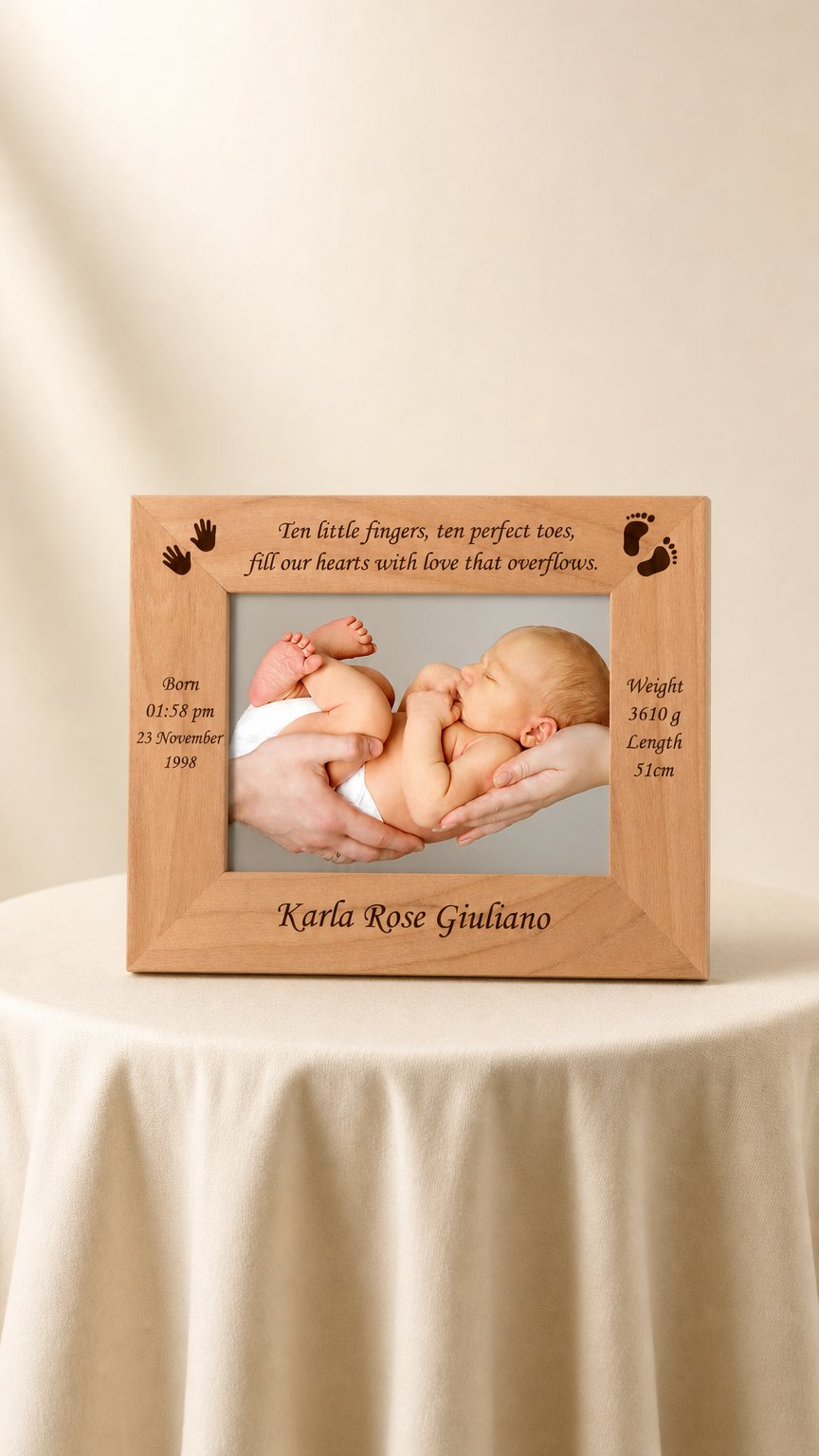 AI product shot of Personalised Newborn Frame – Custom Baby Photo Frame Keepsake Gift