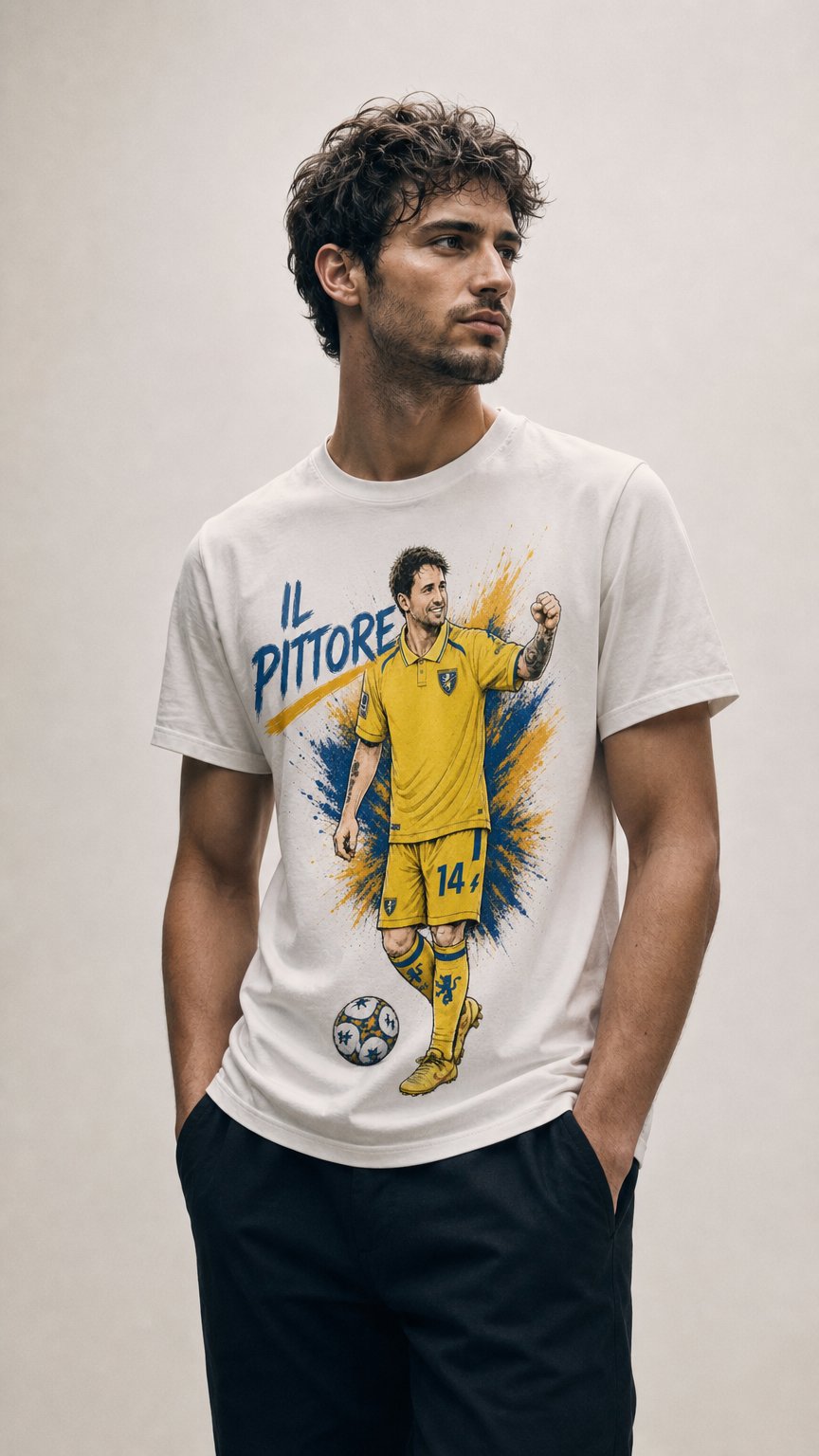 AI product shot of Icone da Stadio – Il Pittore | T-Shirt Grafica Gale Sport
