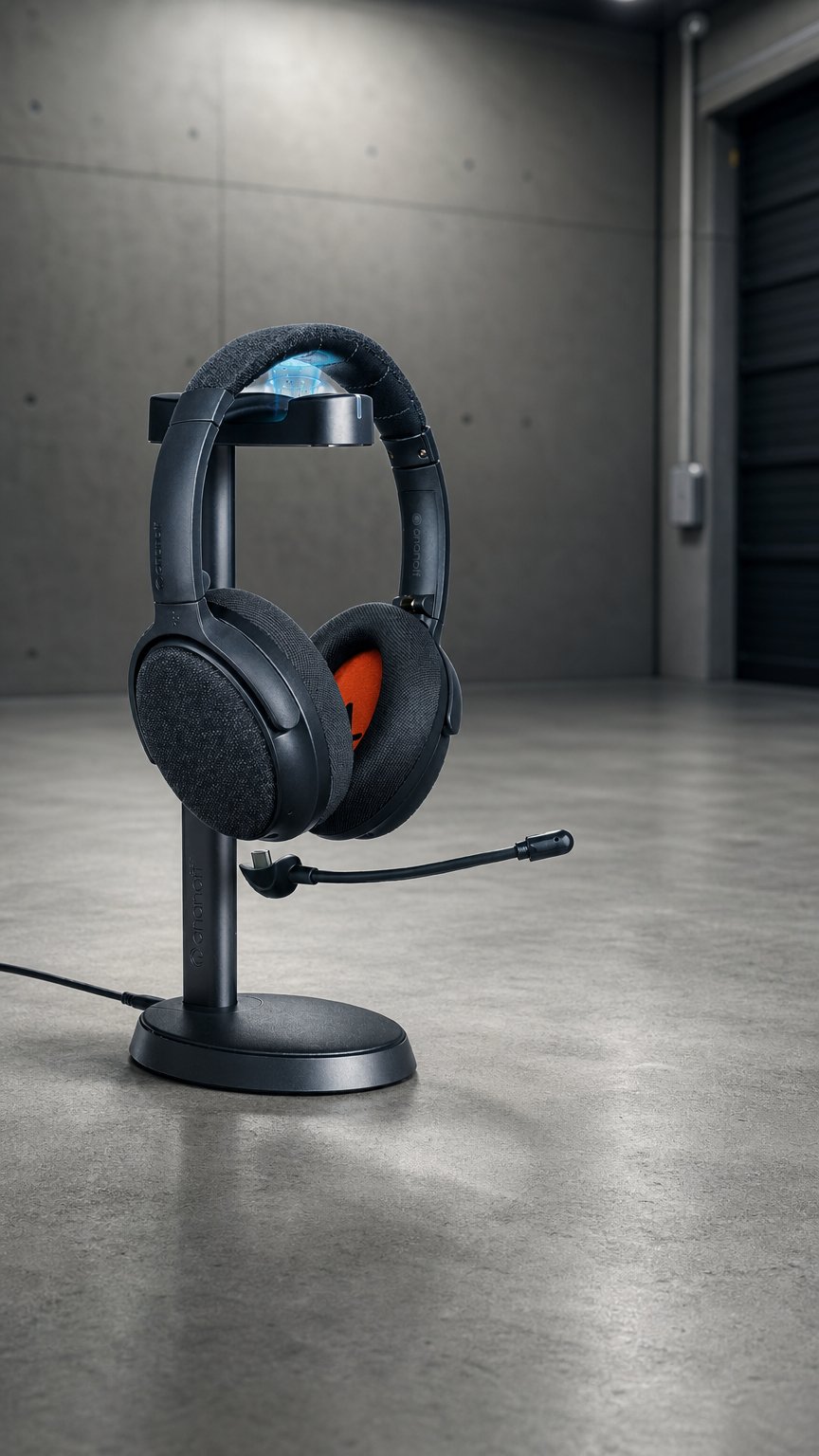 AI product shot of Fokus+ ANC Headphones with Wireless Charging Stand