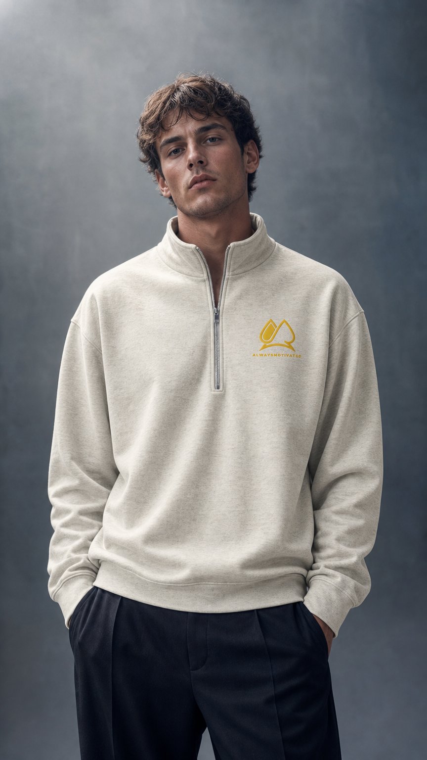 AI product shot of Always Motivated Heavyweight half-zip pullover (Vintage Heather Grey/Gold)
