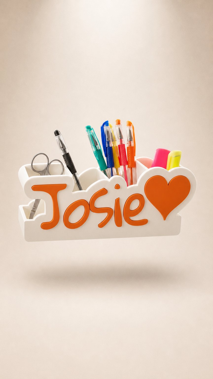 AI product shot of Personalised Name Desk Organiser – Custom Pen Pot Stationery Holder - Name & Heart Design - Kids Desk Tidy