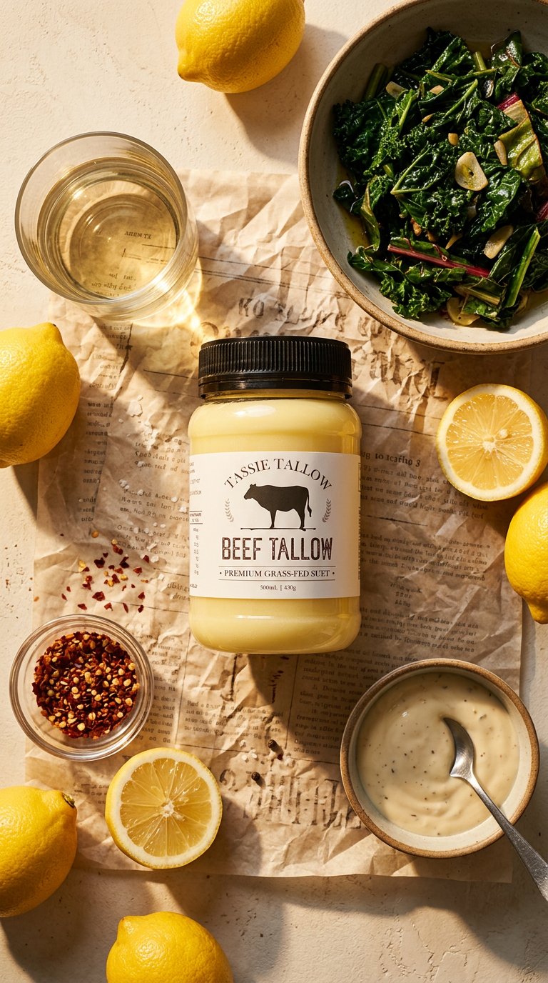 AI product shot of Beef Tallow | Tasmanian Grass-Fed | 500mL PET Jar