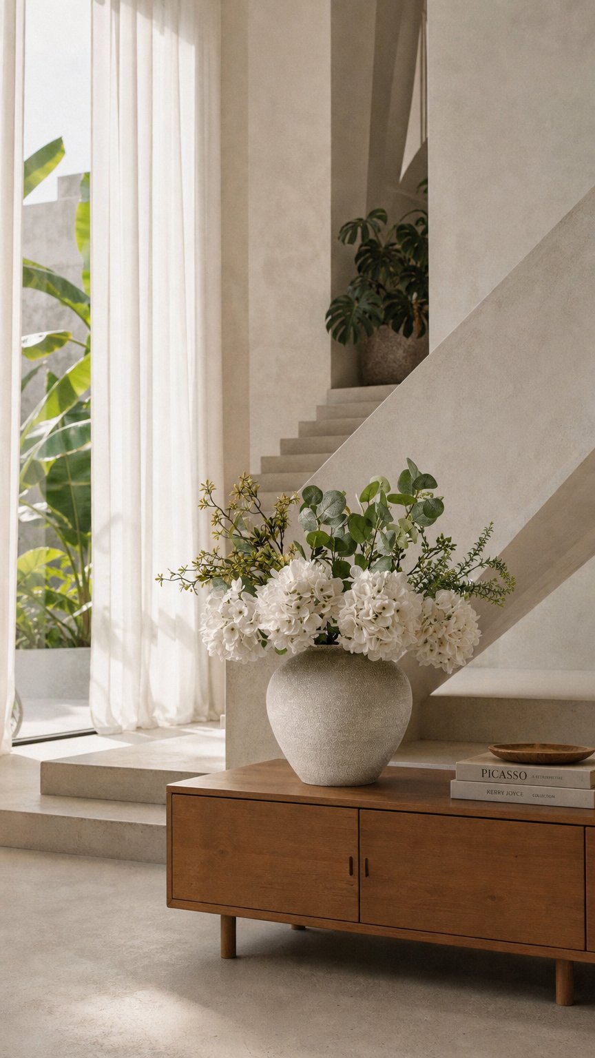 AI product shot of Faux Arrangement - Eucalyptus & White Hydrangea