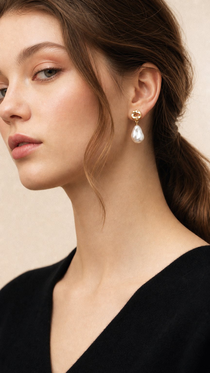 AI product shot of Gold Knot & Pearl Drop Earrings
