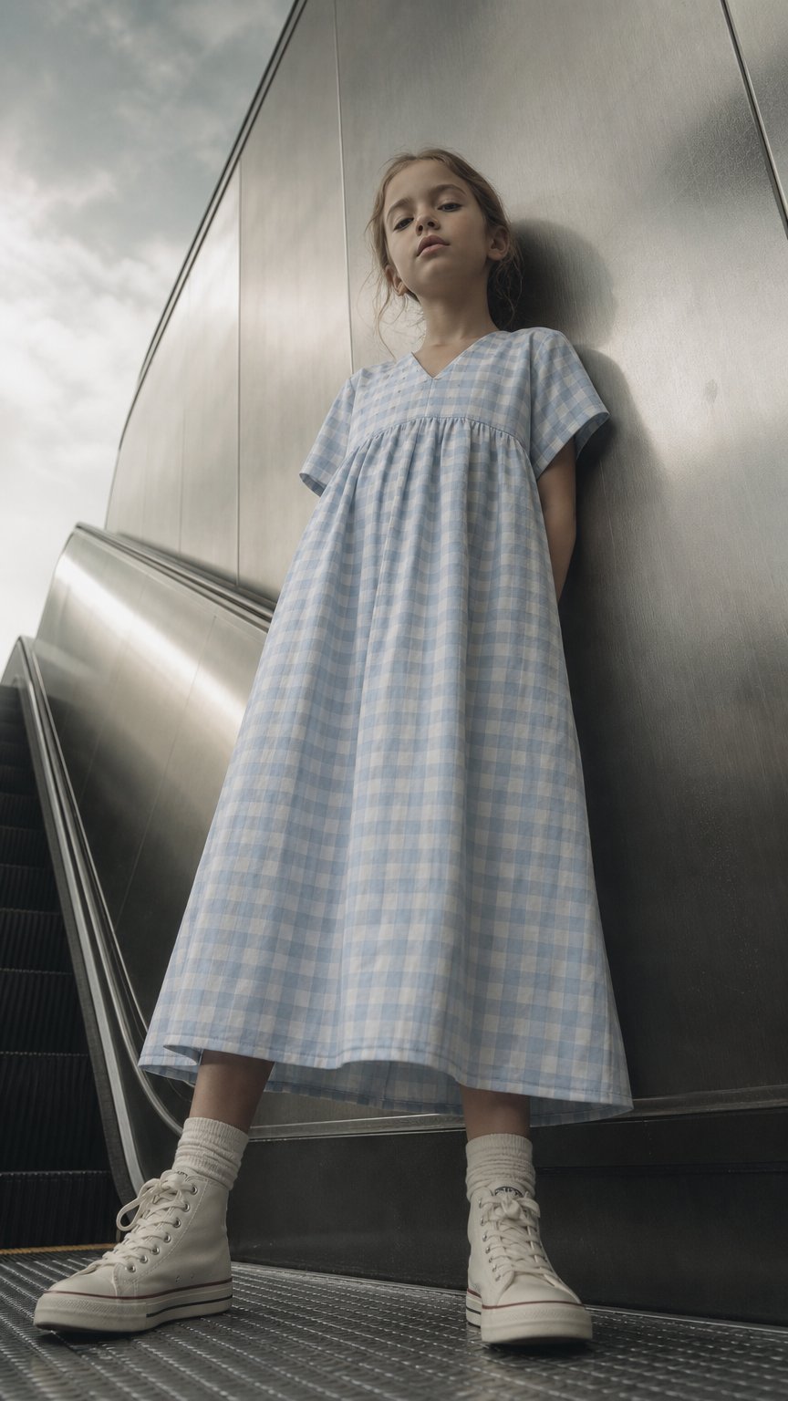 AI product shot of 8716G Gingham Baby Doll A-line Dress - Pale Blue