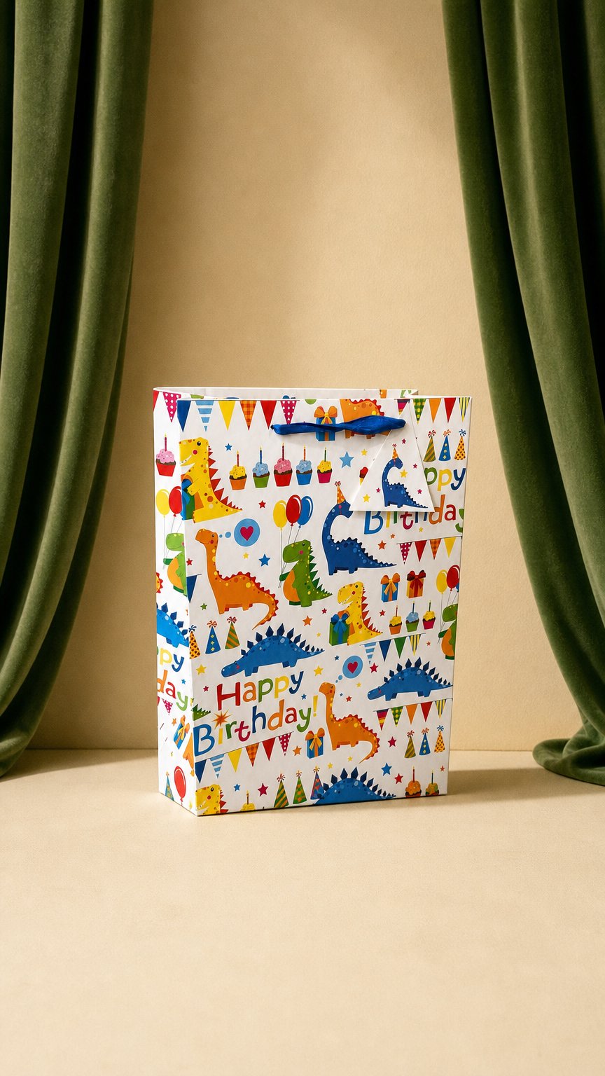 AI product shot of Pibi Happy Birthday dinosaur Themed Gift Bags Small (14 x 8 x 19 cm)