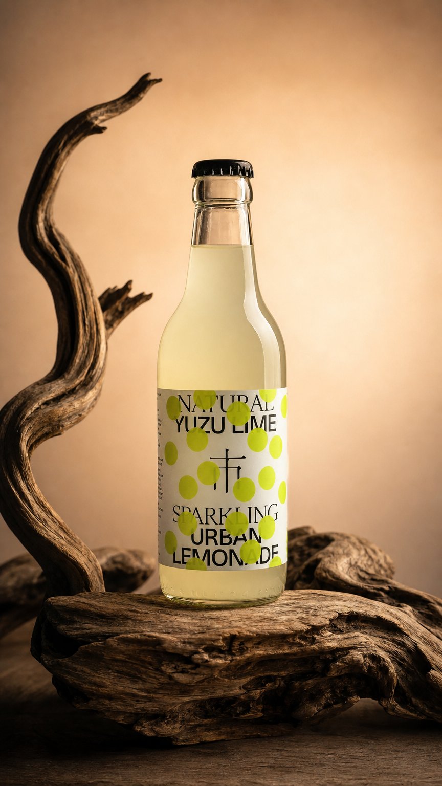 AI product shot of Urban Lemonade Yuzu Lime 33 cl Glas EW