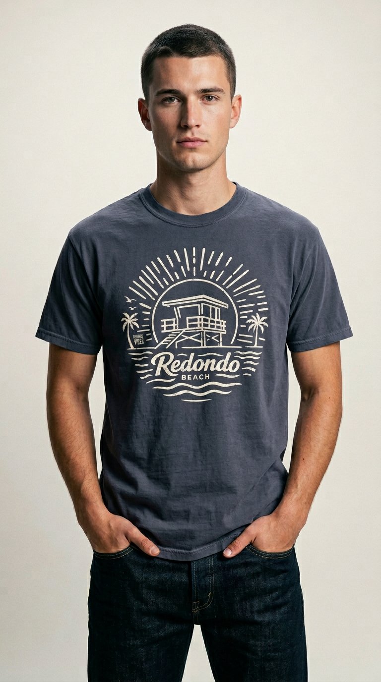 AI product shot of Unisex: Redondo Beach Sunrise Session Tee - 100% Cotton | Navy