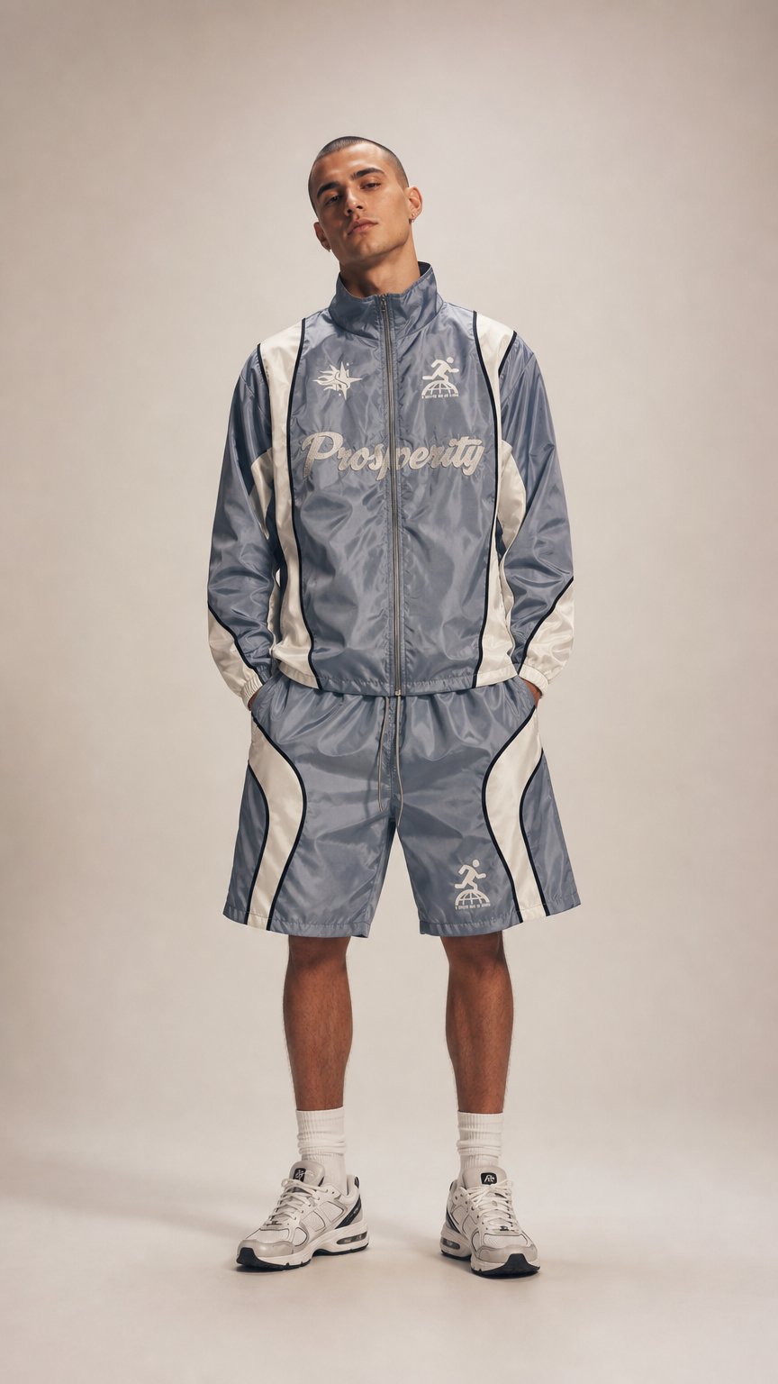 AI product shot of "The State Of Being Prosperous" Windbreaker Set