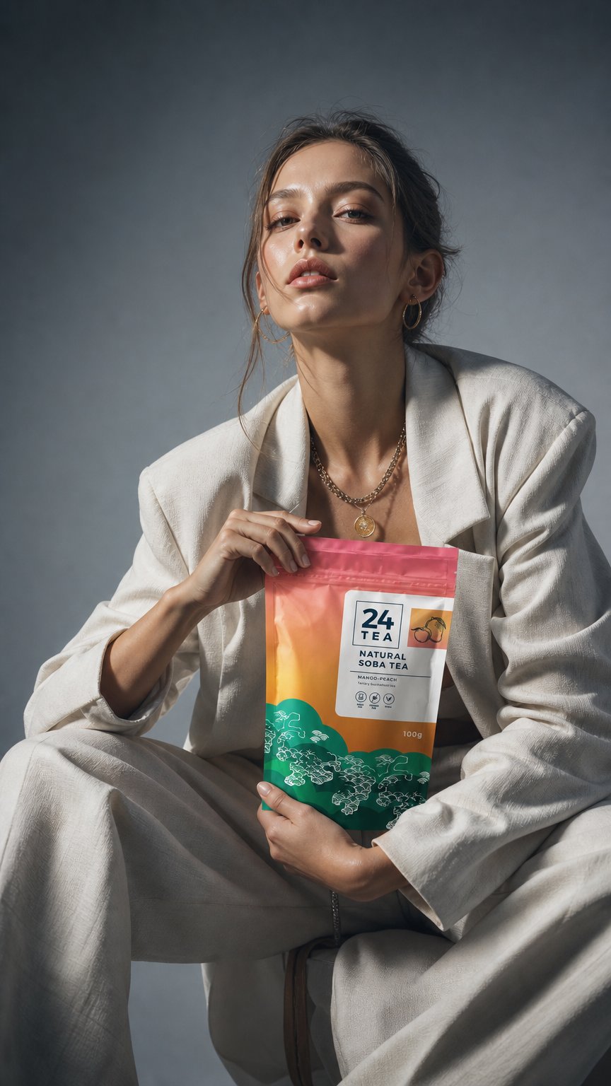 AI product shot of ÚJ! - Peach Mango Soba Tea
